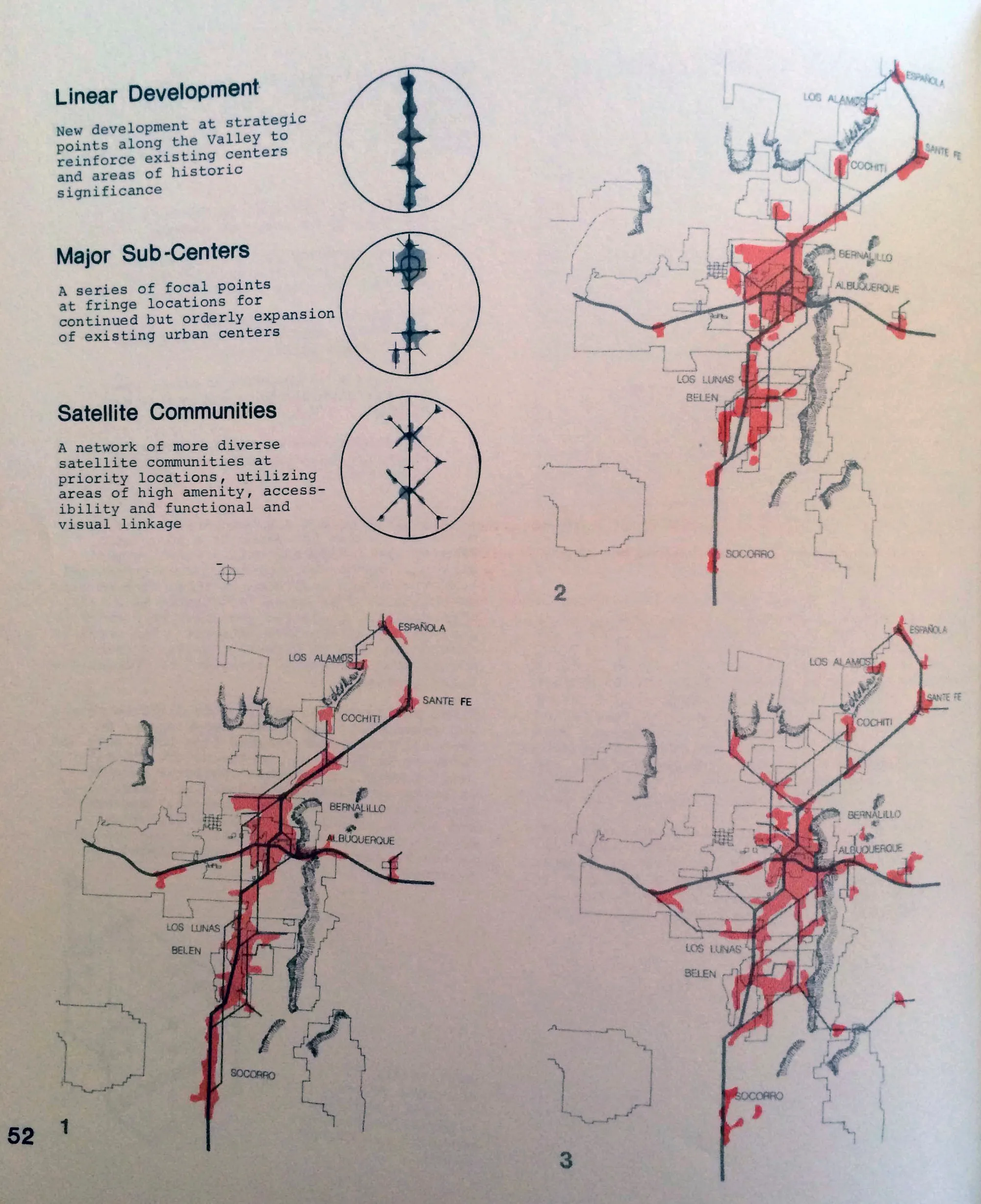 Map showing linear and multicentered development projections for Albuquerque.