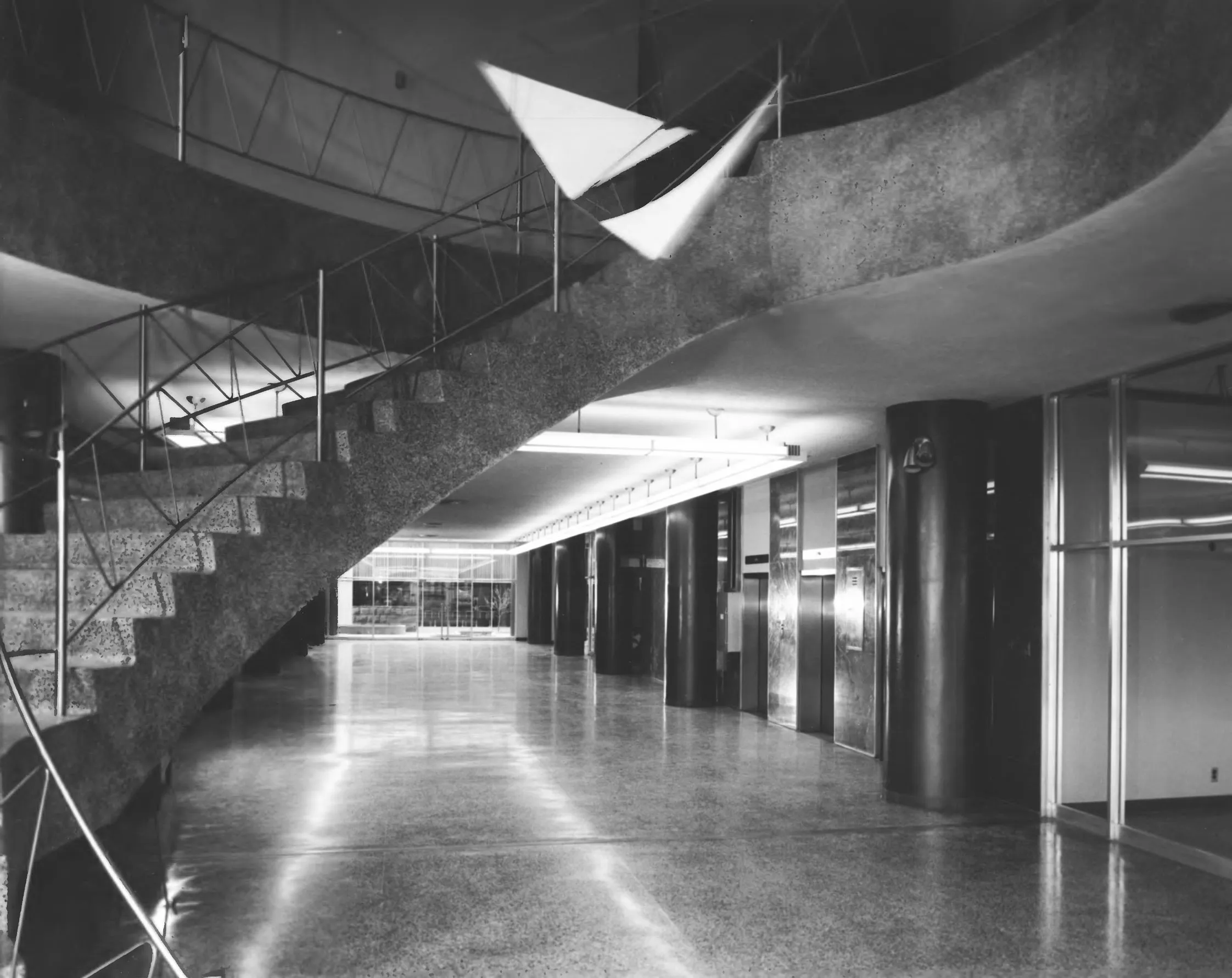 Spiral staircase with hanging mobile, Simms Building