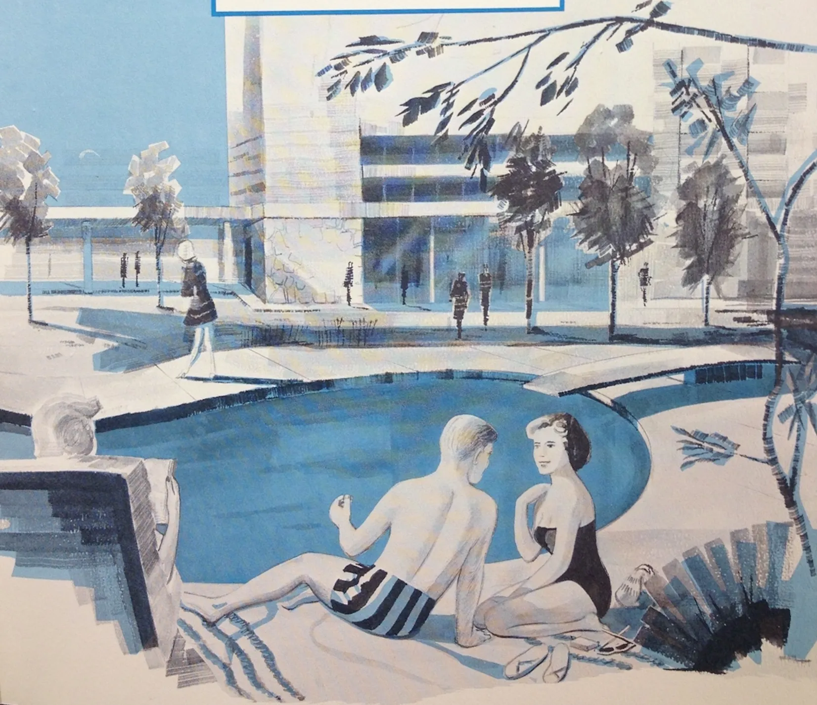 Drawing of poolside relaxation